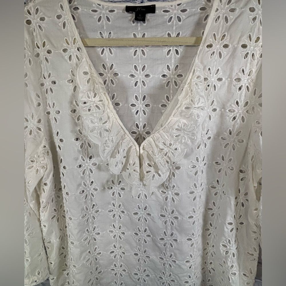 J Crew Cream Eyelet Long Sleeve Deep V Beach Resort Vacation Cover Up Dress L - Picture 4 of 12